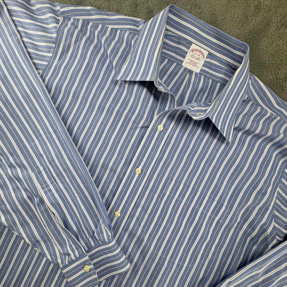 Brooks Brothers Traditional Fit Non Iron Blue White Stripe Dress Shirt Men 17 36